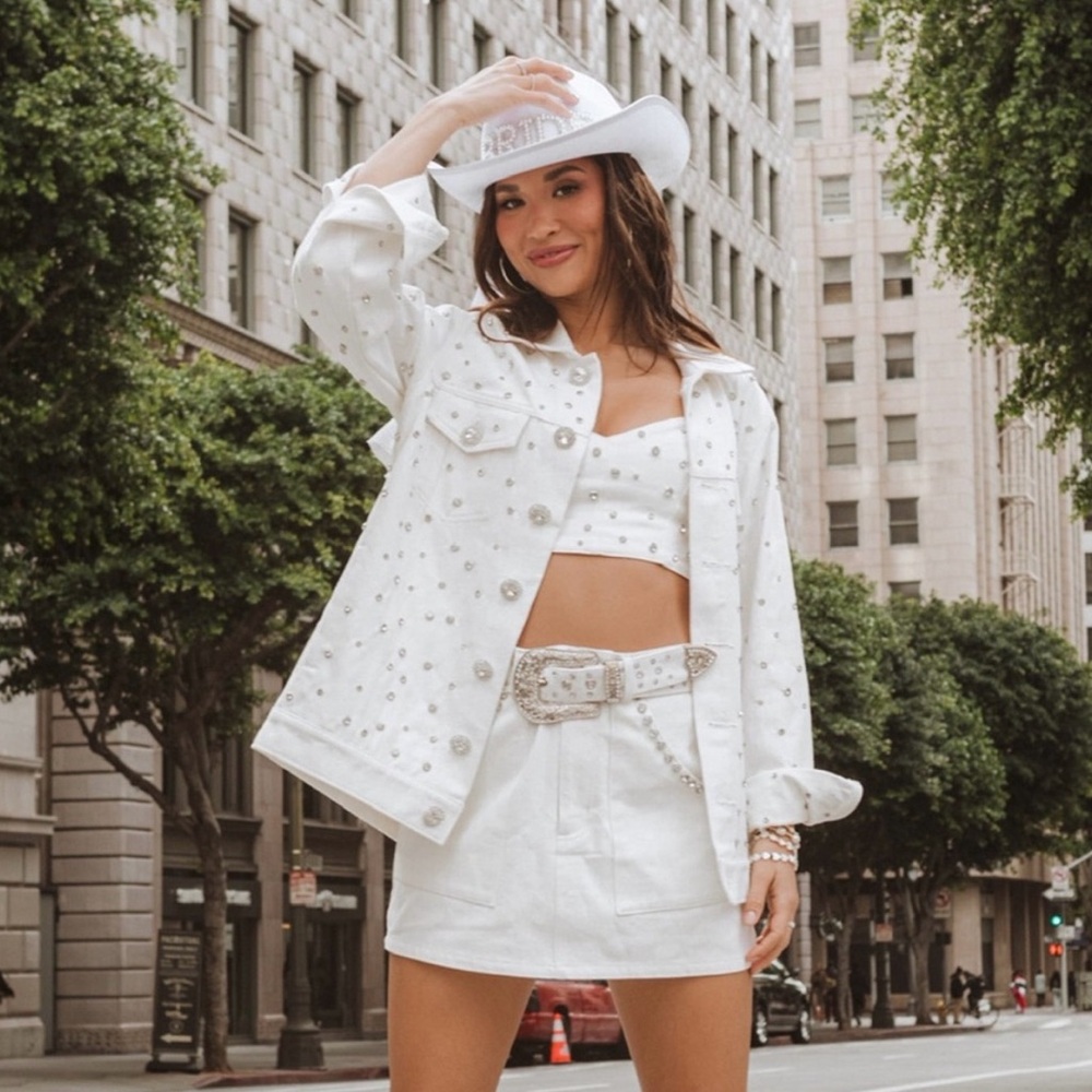 White Studded Denim Jacket and Skirt Set